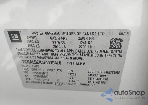 2015 Chevrolet Equinox 1Lt from USA, damaged, VIN 2GNALBEK3F1175428